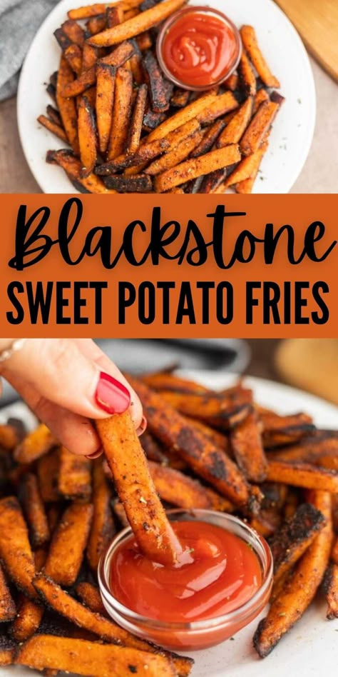 Blackstone Griddle Recipes Dinners, Sweet Potato Fries Seasoning, Grilled Sweet Potato Fries, Blackstone Cooking, Making Sweet Potato Fries, Griddle Cooking Recipes, Grilled Dinner Recipes, Frozen Sweet Potato Fries, Freeze Sweet Potatoes