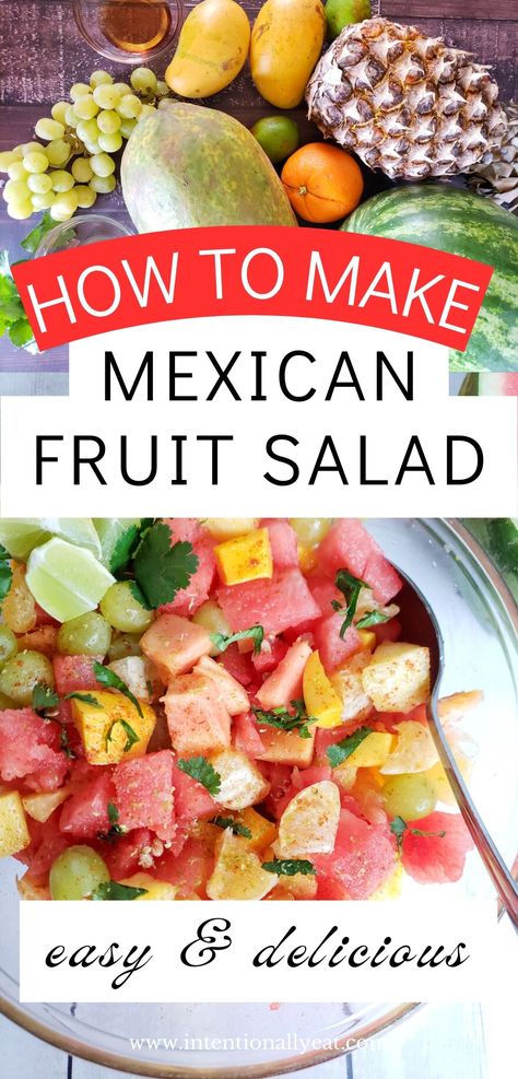 mexican fruit salad in a bowl Sweet Fruit Salad, Mexican Fruit Salad, Mexican Fruit Cups, Mexican Fruit Salads, Mexican Fruit, Mexican Sour Cream, Chili Lime Dressing, Tropical Fruit Salad, Chili Lime Seasoning