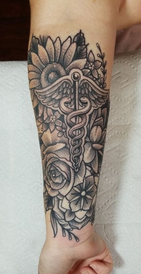 Medical Tattoo Sleeve Ideas, Pancreas Tattoo Type 1, Registered Nurse Tattoos For Women, Nurse Caduceus Tattoo, Healthcare Symbol Tattoo, Nurse Sleeve Tattoo, Emt Tattoos Female, Nurse Half Sleeve Tattoo, Medical Tattoo Sleeve