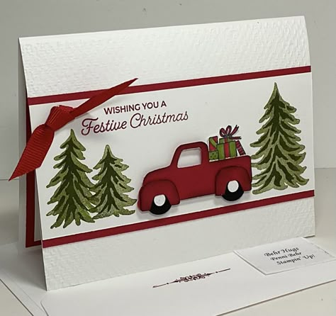 Stampin Up Truckin Along Christmas Cards, Trucking Along Christmas Cards, Su Trucking Along Christmas Cards, Christmas Cards With Tags On Them, Country Christmas Cards Handmade, Stampin Up Loads Of Love Cards, Stampin Up Simple Christmas Cards 2023-2024, Hand Stamped Christmas Cards, Stamping Up Christmas Cards 2023