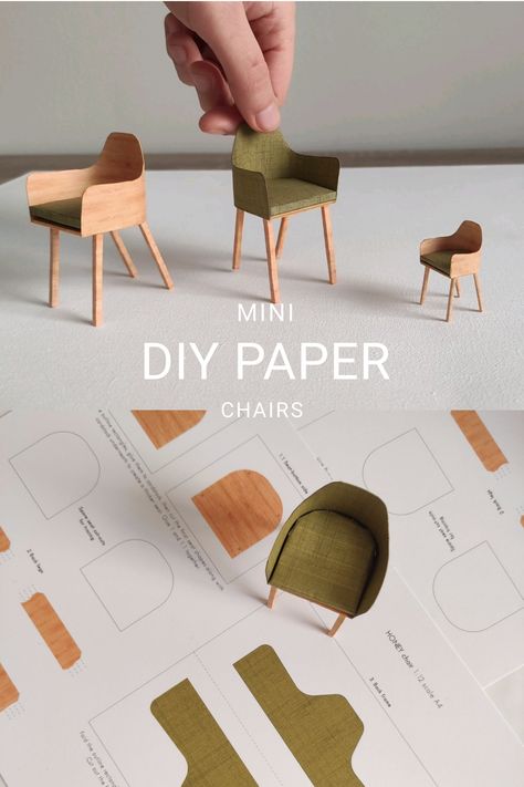 Learn how to create a miniature paper chair model in 1:12 scale with this easy-to-follow DIY tutorial. Perfect for dollhouses, dioramas, or crafting enthusiasts, this project offers a creative outlet to personalize your miniature scenes. Miniature Chair Diy Tutorials, Miniature Cardboard Furniture, Paper Craft Miniature, Cafe Diorama, 1 12 Scale Miniatures Diy, Paper Chair, Paper Miniatures, Furniture Foam, Chair Miniature