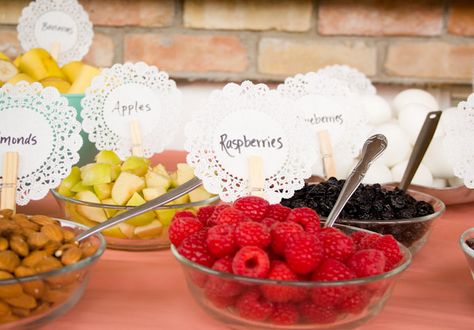 Clothespins and doilies--easy labels for food at a pretty party or buffet. Party Food Labels, Breakfast Party, Oatmeal Bars, At A Party, Party Buffet, Pretty Party, Buffet Food, Bbq Party, Breakfast Buffet