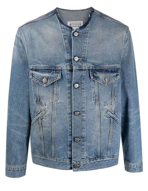 Denim jacket with mao collar MAISON MARGIELA - SS22 Collarless Denim Jacket, Menswear Collection, Jacket Brands, Indigo Blue, Parisian Style, Men's Collection, Casual Wardrobe, Denim Button Up, Blazer Jacket