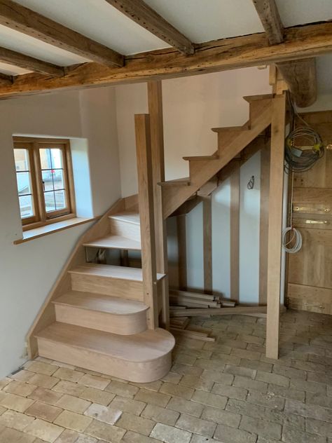 Small Interior Staircase, Small Area Staircase Ideas, Stairs In Cottage, Small Cottage Staircase Ideas, Stairs Farmhouse Ideas, Small Cottage Extension, English Cottage Stairs, Trending Staircase Ideas, Staircase In Small Space