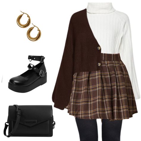 Brown Outfit with Skirt, White Turtleneck, Brown Cardigan, Black Tights, Handbag, Black Shoes, and Gold Earrings. Brown And Black Outfit Ideas, Brown Outfit With Skirt, Brown And White Outfit Ideas, Brown Outfit Aesthetic Winter, How To Style Brown Plaid Skirt, Black And Brown Skirt Outfit, Black And Brown Aesthetic Outfit, Autumn Outfits Brown Skirt, Black And Dark Brown Outfit