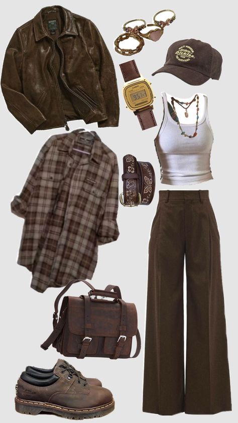 Outfits Not On People, Earthy Fashion Women, Indie Outfits 2020, Earthy Colored Outfits, Green And Brown Clothes Aesthetic, Outfit Ideas Soft Grunge, Brown Pants Grunge Outfit, Moody Casual Outfit, Estetic Outfits