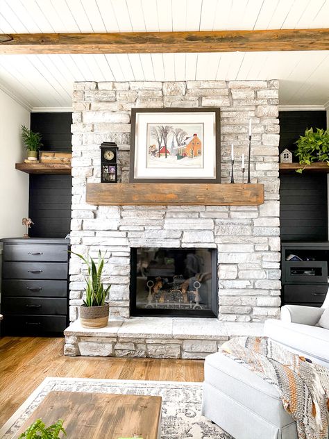 Whitewashed fireplace revamp-62 Fireplace Niche, Whitewashed Fireplace, White Stone Fireplace, Fireplace Refresh, Whitewash Stone Fireplace, Sidebar Design, Stone Fireplace Decor, White Wash Fireplace, Painted Stone Fireplace