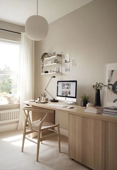 Pale oak desk, Wishbone chair, white linen curtains and String Pocket shelving in a minimalist yet cosy home office with greige walls | A home-office revamp with an IKEA desk hack | These Four Walls blog Rustic Minimalism, Ikea Home Office, Ikea Desk Hack, Workspace Ideas, Desk Hacks, Ikea Office, Minimalist Home Office, Outfit Office, Creative Room