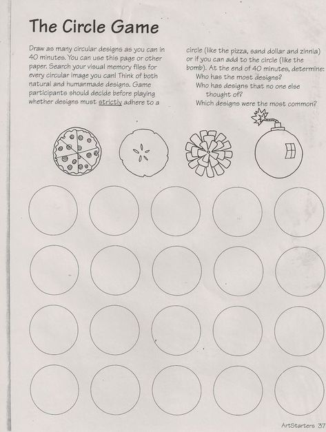 Need a quick artistic exercise to keep your elementary kid busy? Here is a printable of circles. Get creative! How many circle ideas can you think of? #elementaryart #creativity #insideactivity #circles Art Starters, Trin For Trin Tegning, Art Sub Lessons, Art Sub Plans, Classe D'art, Art Handouts, Circle Game, Art Worksheets, Homeschool Art