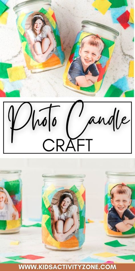 This easy DIY Photo Candle Craft is so easy to make and the best gift for Mother's Day, Grandparents Day, Christmas, and more! All you need is an inexpensive candle from the dollar store, tissue paper, Mod Podge and a picture of your child. Make this easy homemade gift for all occasions. Store Tissue Paper, Candle Pictures Diy, Diy Photo Candles, Diy Candle Gift, Christmas Gift For Parents, Homemade Snow Globes, Photo Candle, Candle Holder Crafts, Kids Candles