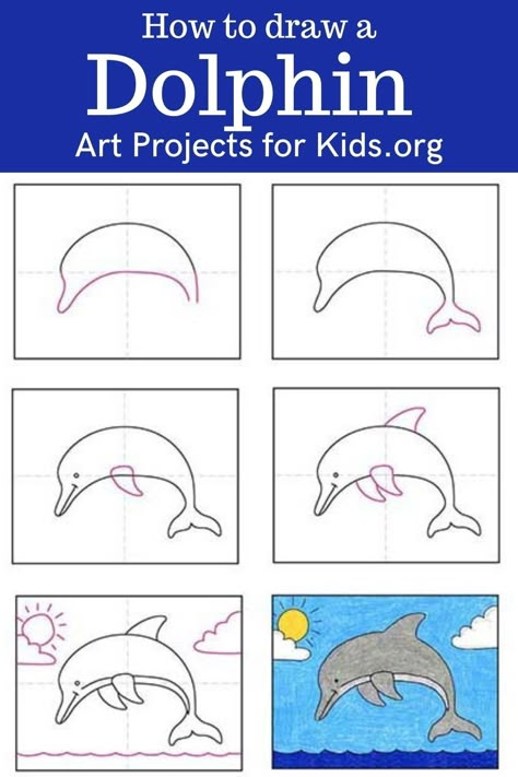 Learn how to draw a dolphin with an easy step-by-step PDF tutorial. #howtodraw #tutorial #drawing #drawingtutorial #arttutorial #artprojectsforkids #howtodrawforkids #dolphin Draw A Dolphin, Inslee Haynes, Dolphin Drawing, Crayon Drawing, Arty Ideas, Dolphin Coloring Pages, Kids Canvas Art, Dolphin Art, Tutorial Drawing