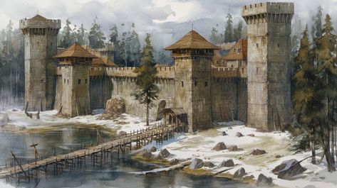 ArtStation - Castles of the Medieval American West Medieval City Art, Medieval Fort, Medieval America, Medieval Landscape, Fantasy World Map, Medieval City, Castle Art, Medieval World, Fantasy City