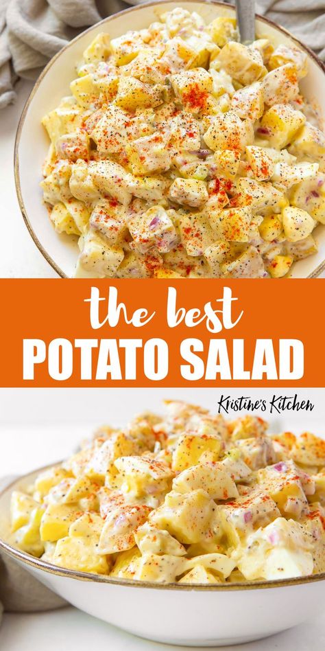 This Potato Salad Recipe makes the BEST classic potato salad! This favorite side dish is easy to make with egg, potatoes, pickle relish, onion, celery and a creamy homemade potato salad dressing. Enjoy this traditional potato salad at your next BBQ! Potato Salad With Chicken, Easy Homemade Potato Salad, Easiest Side Dishes, Restaurant Inspired Recipes Easy, Southern Potato Salad Recipe, Homemade Potato Salad, The Best Potato Salad, Best Potato Salad, Potatoe Salad