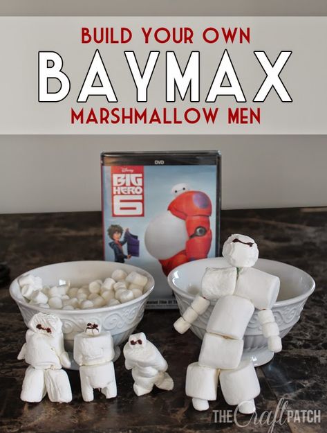 Build Your Own Baymax Marshmallow Men. Such a cute activity for family movie night or a Big Hero 6 themed party! Hero 6 Movie, Activity For Family, Disney Movie Night Dinner, Disney Movie Night, Disney Cars Birthday, Cars Birthday Party Disney, 6 Birthday, Grad Ideas, Dinner And A Movie