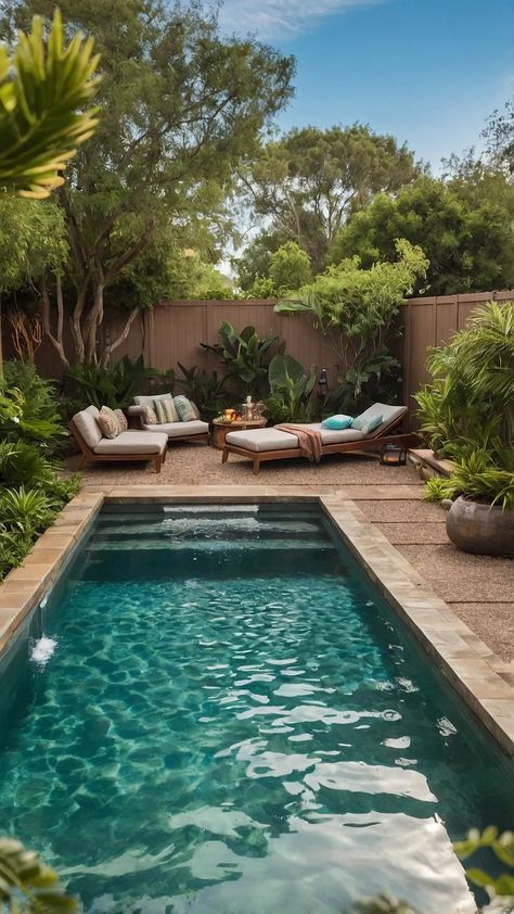 Create Your Own Backyard Paradise: 15 Tropical Oasis Ideas - pulsepathlife.com Small Pools Backyard Inground, Cocktail Pools Small Backyards, Small Pools Backyard, Cocktail Pools, Cocktail Pool, Small Backyard Landscaping With Pool, Fruity Cocktail, Small Yard Landscaping, Dream Backyard Pool