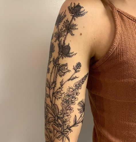 E U J E A N on Instagram: "Lots of thistles and lupine and other beautiful plants for a half sleeve in one a one day session. Love to do a bunch of plants like this! NOW BOOKING JANUARY FOR ANGEL BABY TATTOO in TN 🖤 #queerartist #queertattooartist #nonbinaryartist #nonbinarytattooartist #qttr @queer_tattooers #blackworktattoo #finelinetattoo #planttattoo #planttattoos #thistletattoo #flowertattoo #botanicaltattoo #botanicals #halfsleevetattoo #lupinetattoo #tntattooartist" Botanical Bicep Tattoo, Botanical Floral Tattoo, Botany Tattoo Sleeve, Floral Book Tattoo Sleeve, Botanical Sleeve Tattoo Wild Flowers, Cool Floral Tattoos, Lupine Flower Tattoo, Botanical Tattoo Arm, Plant Half Sleeve Tattoo