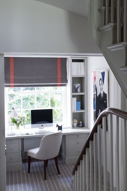 Genius Ideas for Utilizing Your Home's Nooks and Crannies// stair landing office, built-in desk Cool Office Space, Small Home Offices, Office Nook, Small Space Design, Small Home Office, Work Place, Built In Desk, Home Office Space, Small Office