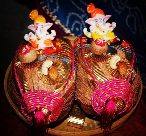 DIY shagun nariyal decoration for roka ceremony Roka Ceremony Decoration At Home Diy, Roka Ceremony Thali, Roka Ceremony Gifts, Roka Ceremony Decoration At Home, Shrifal Decoration For Engagement, Nariyal Decoration Indian Weddings, Roka Decoration, Coconut Decoration For Engagement, Captions For Instagram Stories