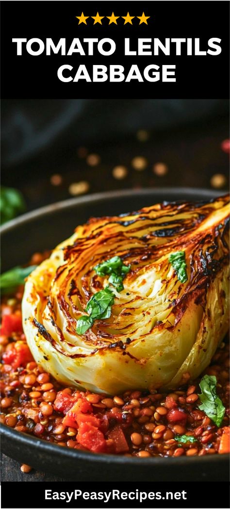 Looking for a delicious and healthy dinner option? Try these Easy Italian-style roast cabbage wedges served with flavorful tomato lentils! This combo is not just simple to prepare but also packed with nutrients. Ideal for meal prep or a quick weeknight dinner, these savory cabbage wedges perfectly complement the rich, tomato-infused lentils. Ready in no time, it’s an easy vegetarian dish the whole family will love. Add a new twist to your dinner table with this delightful recipe! Cabbage And Tomato Recipes, Roast Cabbage, Smashed New Potatoes, Savory Cabbage, Quick And Easy Vegetarian Recipes, Cabbage Wedges, Roasted Cabbage Wedges, Italian Soups, Tomato Lentils