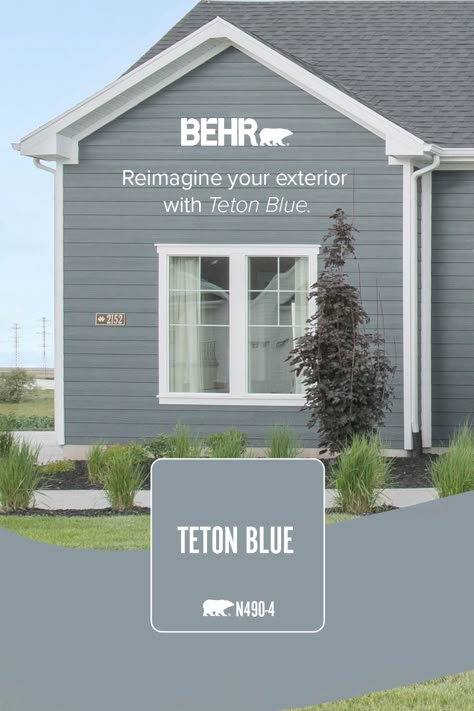 Reimagine your exterior with Teton Blue, a neutral hue that brings just the right colorful touch to your home. Gray Blue Home Exterior, Bluish Gray House Exterior, Coastal Grey Exterior House Colors, Blue Grey Siding Houses, Light Grey Blue Exterior House Colors, Exterior House Blue Colors, Grey Blue Exterior Paint, Dusty Blue Exterior House, Blue Craftsman House Exterior