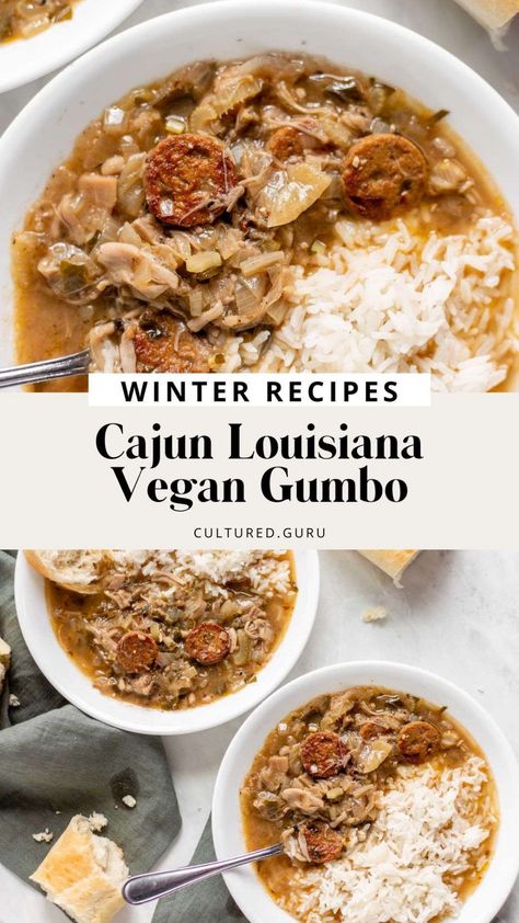 Inspired by my mom's and great-grandmother's recipes, this is a vegan take on cajun gumbo. This recipe takes about 45 minutes of prep; then you need to let it simmer for a while. Louisiana vegan gumbo is a delicious and hearty soup great for a nourishing meal on any cold day. Vegan Cajun Recipes, Vegan Gumbo Recipe, Pastalaya Recipe, Vegan Gumbo, Vegan Cajun, Cajun Gumbo, Cajun Seafood, Instant Pot Soup Recipes, Gumbo Recipe