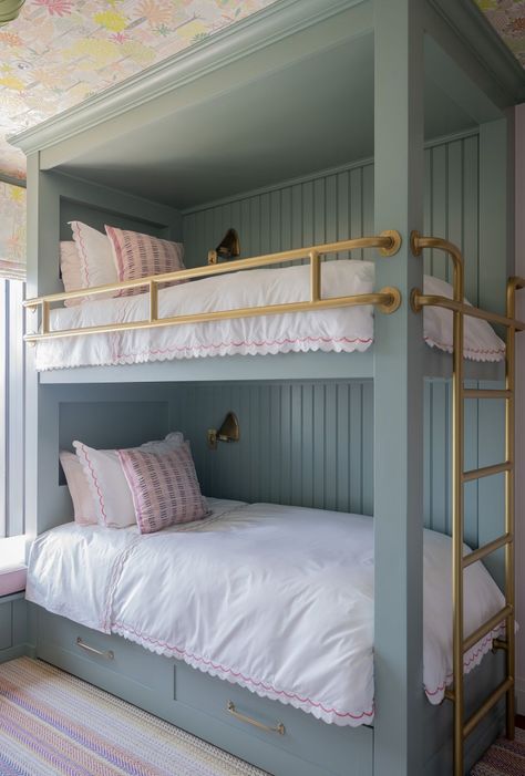 Coastal Bunk Bed Rooms, Bedroom Design Bunk Bed, Built In Bunk Bed Hack, Bunk Bed Inspiration, Del Mar Blue Benjamin Moore, Small Costal Bedroom, Bunk Bed Nook Built Ins, Bunk Ladder, Bunk Room Wallpaper