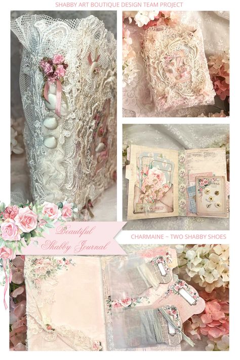 Shabby Chic Scrapbook Layouts, Vintage Lace Crafts, Shabby Chic Journal Covers, Shabby Chic Journal Pages, Fabric Ruffles For Junk Journals, Shabby Chic Scrapbooking, Shabby Chic Journal, Lace Journals Fabric Books, Lace Crafts