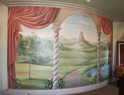 photo Disney Girls Room, Princess Mural, Castle Mural, Casa Disney, Princess Bedrooms, Disney Bedrooms, Fantasy Bedroom, Kids Room Murals, Kids Room Paint