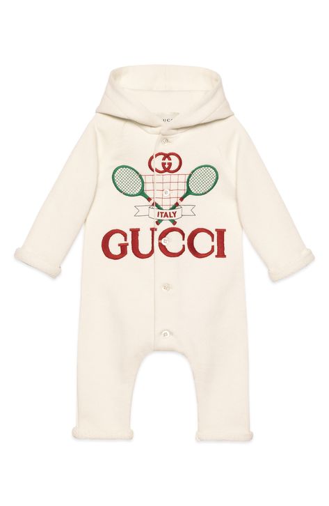 Gucci Embroidered Logo Hooded Romper available at #Nordstrom Luxury Baby Fashion, Gucci Baby Clothes, Gucci Baby, Climbing Clothes, Kids Clothing Brands, Gucci Outfits, Gucci Kids, Kids Boutique Clothing, Luxury Baby