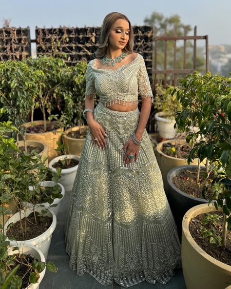 "Look radiant in our pastel green lehenga, shine with intricate mirror work and add a touch of elegance to all your celebrations." Makeup @kiranmeenamakeup Outfit @ramjisons_lajpat_nagar Jewellery @mukundcollectionjewaller In frame @iam.khushiiyadav Pastel Green Lehenga, Green Lehenga, Instagram Look, Mirror Work, In Frame, Pastel Green, Lehenga, Pastel, Mirror