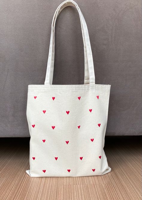 Handmade etsy shop, heart shaped embroidery tote bag Tote Bag Ideas Aesthetic, Simple Tote Bag Design, Totebag Aesthetic, Diy Tote Bag Design, Handpainted Tote Bags, Crochet Hand Bags, Embroidery Canvas, Sacs Tote Bags, Tods Bag