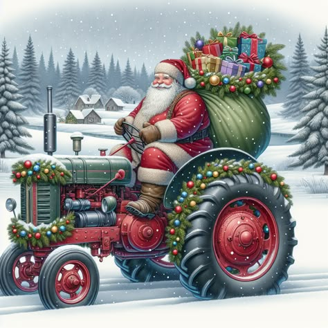 A charming Christmas illustration depicts a vintage tractor adorned with festive wreaths and garlands, parked on a snowy landscape. Santa Claus, with a jolly expression, is seated on the tractor, with a sack of brightly wrapped gifts. In the background, a serene winter forest of pine trees stands under a gentle snowfall, adding to the enchantment of the scene. Generated with these themes: tractor, santa claus, trees, winter, snow, gifts. Made with ❤️ by AI. Christmas Tractor, Christmas On The Farm, Christmas Window Painting, Festive Wreath, Wreaths And Garlands, Santa Sleigh, Farm Theme, Christmas Window, Winter Forest