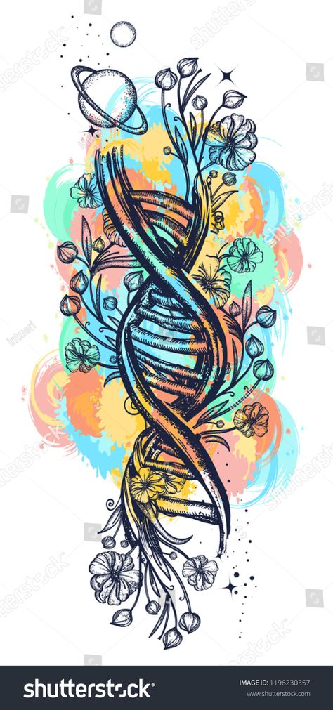 Dna Painting Art, Sketch Watercolor Tattoo, Science Spine Tattoo, Science Art Painting, Dna Strand Tattoo Design, Dna Family Tattoo, Plant Medicine Tattoo, Science Inspired Art, Dna Helix Art