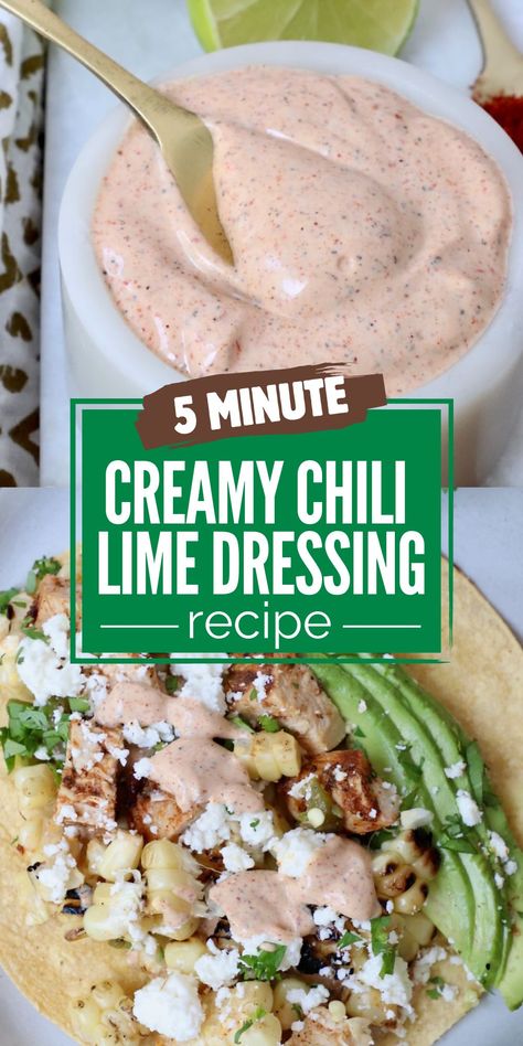 Make this creamy, flavorful Chili Lime Dressing to toss with salads, drizzle on tacos, smother on Mexican street corn, or use as a dipping sauce. It's easy to mix up this recipe with 6 simple ingredients in just 5 minutes! Chili Lime Tacos, Creamy Chili, Taco Salad Dressing, Chili Lime Dressing, Gluten Free Vegetarian Recipes, Lime Sauce, Mexican Street Corn, Homemade Salad Dressing, Lime Dressing