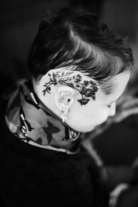 Side Scalp Tattoo Women, Side Head Tattoos For Women, Scalp Tattoo Women, Side Head Tattoo, Side Of Head Tattoo, Undercut Tattoos, Iris Flower Tattoo, Scalp Tattoo, Shaved Side