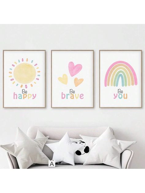 3 Pcs Be Happy Be Brave Be You Poster Positive Quotes Mental Canvas Painting Cute Sun Rainbow Wall Art Prints Nursery Decor Multicolor Scandinavian   Synthetic Fiber Geometric,Letter,Plants    Home Decor, size features are:Bust: ,Length: ,Sleeve Length: Pastel Rainbow Wall Art, Nursery Paintings Canvas, Rainbow Theme Bedroom, Canvas Painting Cute, Simple Kids Rooms, Kids Room Rainbow, Wall Art For Kids Room, Toddler Wall Art, Nursery Canvas Art