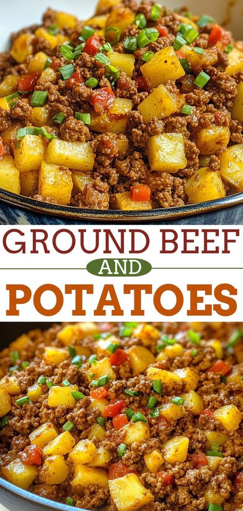 Whip up a comforting dish with Ground Beef and Potatoes! This hearty recipe is perfect for a quick family dinner, combining protein-rich beef and wholesome potatoes for a satisfying meal. It's easy to make and packed with flavor, making it a favorite at the dinner table. Save this pin for an effortless weeknight dinner idea and enjoy a delicious, homemade meal! Easy Dinner Recipes With Burger, Dishes With Potatoes Dinners, Meals With Potatoes And Ground Beef, Beef Ground Recipes Easy Dinners, Easy Beef Dinner Recipes For Two, Beef Potatoes Recipes, Dinner Recipes With Red Potatoes, Ground Bison And Potatoes, Yummy Ground Beef Dinner Recipes