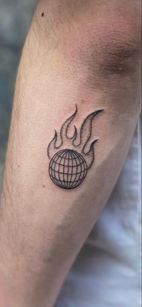 Burning Earth Tattoo, Earth On Fire Tattoo, Small Earth Tattoo, World On Fire Tattoo, Environmental Tattoo, Earth On Fire, Black Flash Tattoos, Earth Tattoo, Small Tats