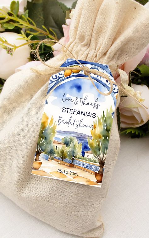 Italian Blue tiles arch lemons bridal shower favor Gift Tags Mediterranean themed wedding favor tags Mediterranean Bridal Shower Theme, Italian Packaging, Garden Bridal Shower Themes, Wed Invitation, Bonbonniere Ideas, Bridal Shower Gift Tags, Italian Bridal Showers, Classy Engagement Photos, Garden Party Bridal Shower