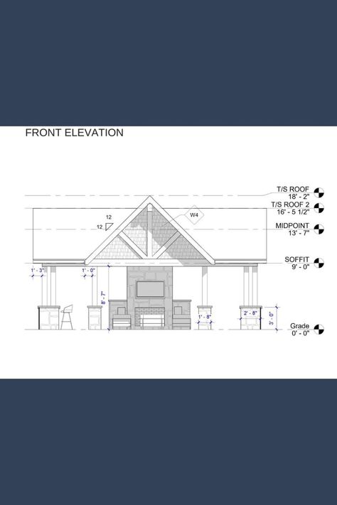 "A picturesque 2D pool house elevation with a gable roof, open concept, bar, and fireplace, featuring a beautiful blend of stone and timber post & beam. The perfect outdoor living space! #PoolHouse #OutdoorLiving #GableRoof #StoneAndTimberDesign" Open Gable Roof, Gable Roof House, Pool House Design, Luxurious Pool, Timber Posts, Gable House, Gable Roof, Luxury Retreats, Roof Detail