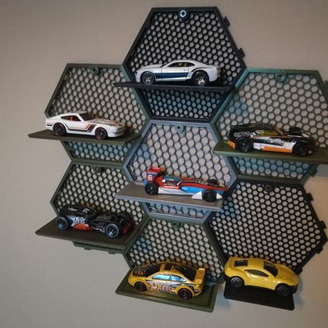 3D Printable Wexagon - Hexagon Shelves (remix for displaying Matchbox cars) by medyk3D Matchbox Cars Display, Car Model Display, Diecast Cars Display, Hexagon Shelves, 3d Printing Projects, Toy Display, Automotive Decor, Matchbox Cars, I Changed