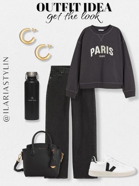 fashion inspo, transitional outfit, fall outfit, autumn outfit, outfit inspo, transitional outfit, comfy chic, casual chic, dark gray sweatshirt, paris sweatshirt, jeans style, black jeans, straight jeans, high waist jeans, wide leg jeans, veja woman, veja sneakers, veja v-10, white sneakers, woman sneakers, water botte, black bag, handbag, shoulder bag, style inspo, women fashion Dark Grey Sweatshirt Outfit, Grey Sweatshirt Outfit, Striped Sweater Outfit, H&m Fashion, Stylish Activewear, Fall Transition Outfits, Houndstooth Coat, Winter Capsule Wardrobe, Ootd Ideas