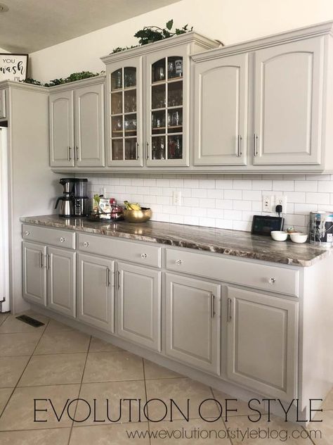 Sherwin Williams Cabinets Painted in Mindful Gray Mindful Gray Cabinets, Mindful Gray Kitchen Cabinets, Sherwin Williams Cabinet Paint, Grey Painted Kitchen, Unfinished Kitchen Cabinets, Painted Kitchen Cabinets, Gray Kitchen Cabinets, Best Gray Paint, Best Gray Paint Color