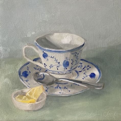 Teacup Drawing Vintage, Painting Of Tea Cup, Vintage Teacups Antique, Paintings Of Tea Cups, Teacup And Saucer Drawing, Blue Teacup Aesthetic, Teacup Still Life, Cup Of Tea Painting Acrylic, Teacup Oil Painting