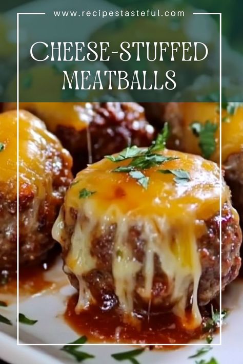 Indulge in these delicious cheese-stuffed meatballs filled with gooey mozzarella and topped with melted cheddar. Perfect for a hearty appetizer, main dish, or a tasty addition to a meatball sub. Stuffed Meatballs, Mozzarella Stuffed Meatballs, Cheese Stuffed Meatballs, Meatball Sub, Skillet Dinners, Meatballs Recipe, Quick Weeknight Meals, Meatball Recipes, Ground Pork