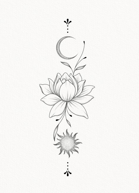 Lotus Star Tattoo, Tattoo Ideas Female Lotus Flower, Lotus Flower With Moon Tattoo, Tattoo Moon And Flowers, Lotus Flower And Moon Tattoo, Lotus Flower Moon Tattoo, Lotus Flower Tattoo Sternum, Sun Moon Flower Tattoo, Aquarius Flower Tattoo