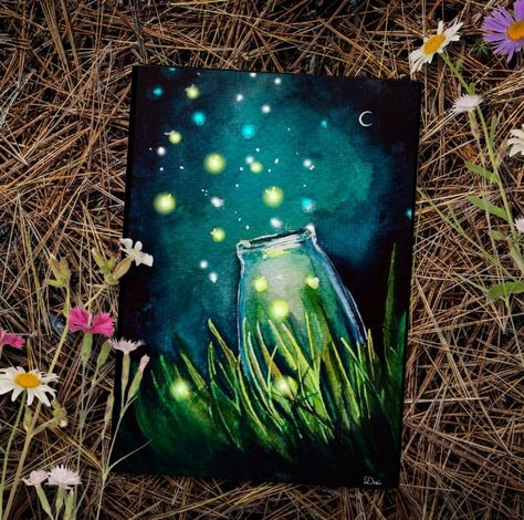 Firefly Wall Art | Forest at Night 5" x 7" Mini Print | Fireflies in a Jar Print from Original Artwork | Summertime Fireflies Mini Artwork Fireflies at night print created from an original watercolor painting inspired by fireflies in the dusky evening which were always a welcome sight in Upstate New York during the long humid summer months.  This art print is a 5"x7" greeting card sized mini print. Hang them on your wall or write on the back of them. The backs are plain. Shipping: US orders are shipped through USPS First Class Mail and should arrive in 4 to 7 days. International orders are shipped through USPS Standard International and the arrival time varies but most orders should arrive in 2-4 weeks. Please note International USPS has been experiencing delays and shipping times have bec Fireflies At Night, Firefly Painting, Forest At Night, Fireflies In A Jar, Wall Art Forest, Art Forest, Paint Canvas, Night Forest, Forest Wall Art