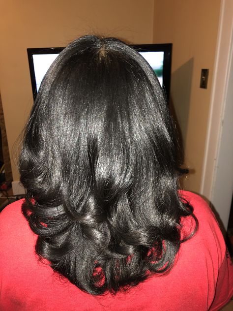 Silked Pressed Natural Hair, Medium Length Hair With Layers On Black Women, Blowout On Black Women, Silk Press Natural Hair Medium Length, Slick Press Natural Hair, Slick Press, Silk Press With Layers, Relaxed Hair Hairstyles Medium, Flat Iron Natural Hair