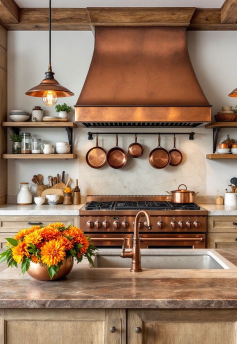 Rustic Kitchen Kitchen With Copper Ceiling, Copper Fixtures Kitchen, White Kitchen Copper Accents, Green And Copper Kitchen Ideas, Copper Accents In Kitchen, Cooper Kitchen Ideas, Copper House Accents, Copper Appliances Kitchen, Copper Accents Kitchen