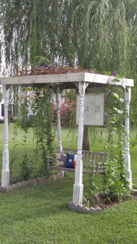 Garden Serenity Garden Arbor made from Vintage Porch Posts and topped with rusty bedsprings. Kinder Creations "Mike & I" Garden Entryway Ideas, Garden Archway Ideas, Garden Archways, Garden Arbor Ideas, Memorial Garden Ideas, Entrance Arbor, Campground Ideas, Arbor Ideas, Garden Archway